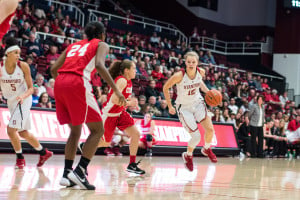 Sophomore guard Brittany McPhee (right) came off the bench to score 21 points, making three of six from three point range after the starting guards missed nine straight from beyond the arc (RAHIM ULLAH/The Stanford Daily).