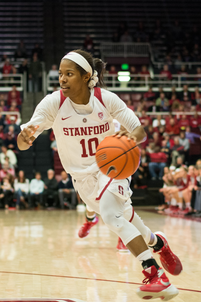 Despite coming off the bench against Utah, junior guard Briana Roberson (above) posted career-highs in assists (8) and steals (3). (RAHIM ULLAH/ The Stanford Daily)