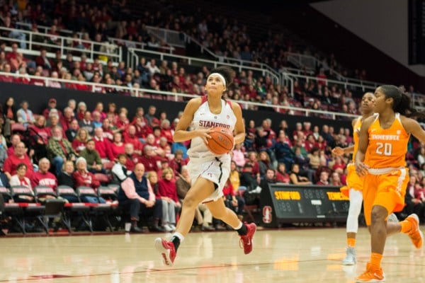 Sophomore forward Kaylee Johnson (left) scored a career-high 17 points off the bench in the Stanford's win at Colorado. Each of the Cardinal's three road wins this season has featured strong performances from the bench (RAHIM ULLAH/The Stanford Daily).