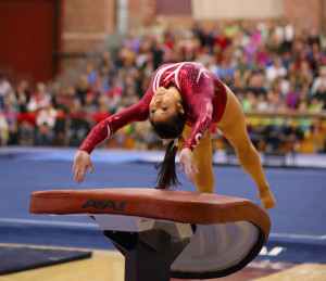 Senior Melissa Chuang (above) tied with teammate Ivana Hong for first place on beam with a 9.900 in the matchup against the Bulldogs. Her high score secured the victory over Georgia for the Cardinal. (HECTOR GARCIA-MOLINA/The Stanford Daily)