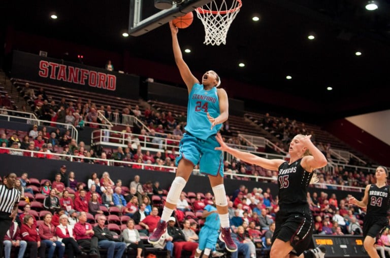 Junior forward Erica McCall (left), will be an important presence on both sides of the ball against imposing USC forward Temi Fagbenle, the Trojan's leading scorer (RAHIM ULLAH/The Stanford Daily).