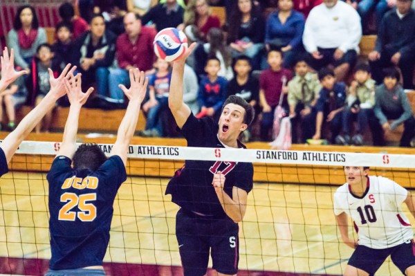 Senior outside hitter Madison Hayden (middle) posted a team-high 17 kills while hitting at a .452 clip in the team's four-set victory against No. 4 UC Irvine over the weekend. (LARRY GE/ The Stanford Daily)