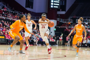 Junior forward Erica McCall (center) leads a Stanford frontcourt that averages almost five more rebounds per game than its opponents, a advantage that could be exploited against Washington and Washington State (RAHIM ULLAH/The Stanford Daily).
