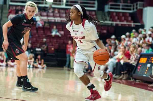 Junior guard Lili Thompson (right) set a new season-high with 27 points in a victory over Washington on Friday before setting a new career-high with 30 points in the Cardinal's win over Washington State on Sunday. (RAHIM ULLAH/The Stanford Daily)