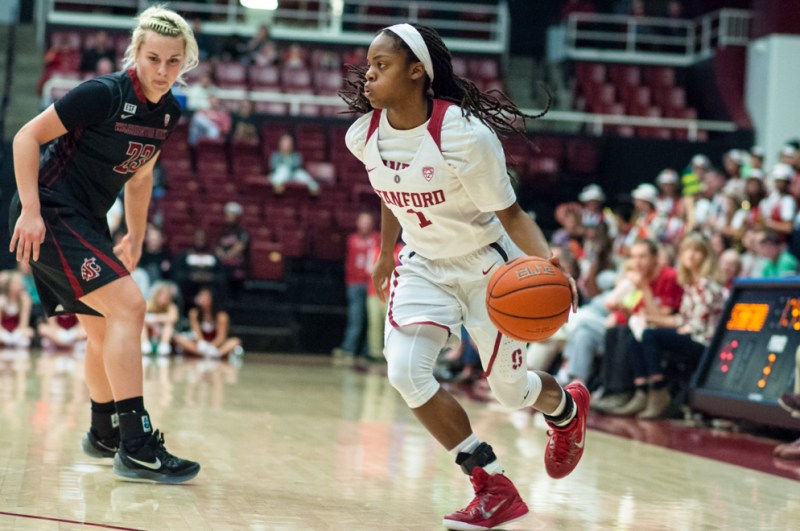Junior guard Lili Thompson (right) set a new season-high with 27 points in a victory over Washington on Friday before setting a new career-high with 30 points in the Cardinal's win over Washington State on Sunday. (RAHIM ULLAH/The Stanford Daily)