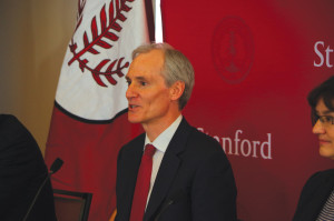 Incoming president Marc Tessier-Lavigne addresses media questions following the announcement of his selection. (ARNAV MARIWALA/The Stanford Daily)