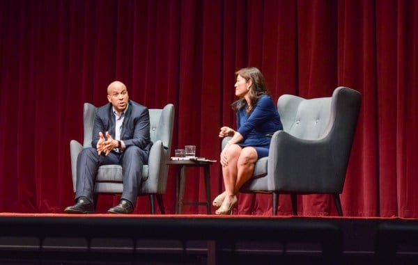 Cory Booker discussed politics and his time at Stanford on Saturday with "Nightline" anchor Juju Chang. (ERICA EVANS/The Stanford Daily)
