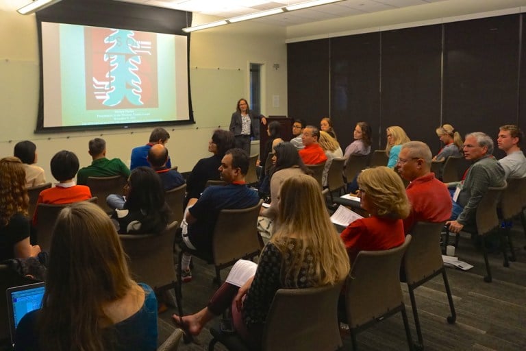 Professor Michelle Dauber and Alexis Kallen '18 spoke to parent about sexual violence at Stanford. (MCKENZIE LYNCH/The Stanford Daily)