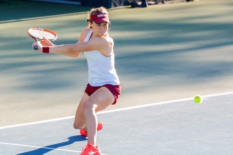 Junior Caroline Doyle (above) was one of the most vocal Stanford players in the Cardinal's victory over St. Mary's on Friday, as she was very vocal in her support of her teammates as she cruised to a 6-3, 6-3 victory at the No. 2 singles spot. (NEEL RAMACHANDRAN/The Stanford Daily)