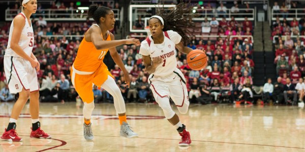 No. 13 Stanford women's basketball is seeking statement wins over Arizona and No. 9 Arizona State this weekend. Junior guard Lili Thompson (right) has shown off her versatility this season, adapting to meet the team's needs. (RAHIM ULLAH/The Stanford Daily)