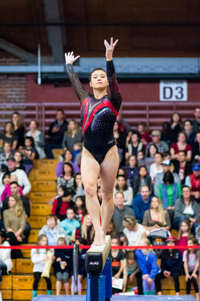 Fifth-year senior Ivana Hong (above) notched a meet-high 9.875 in the bars against the Utes, but Stanford couldn't bounce back from a poor overall performance on bars as it lost to No. 5 Utah at Maples on Senior Day. (RAHIM ULLAH/The Stanford Daily)