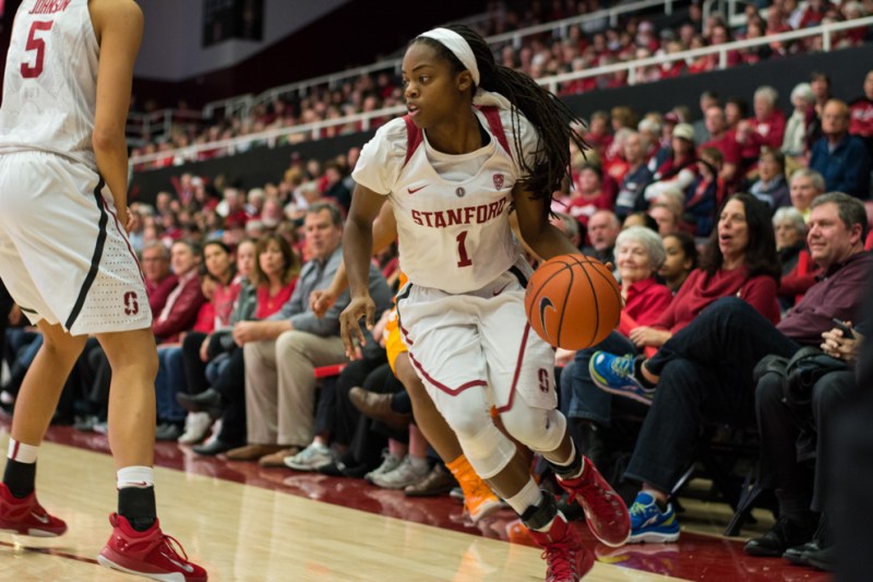 In the Cardinal's recent hot streak, junior guard Lili Thompson (right) has been averaging 14.4 points per game. The team will rely on its depth as it hopes to finish out the regular season on a high note. (RAHIM ULLAH/The Stanford Daily)