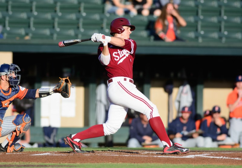 Although sophomore third baseman Mikey Diekroeger (above) committed a throwing error that contributed to a big inning from Texas to chase freshman Tristan Beck early on Thursday, he also led the Cardinal lineup with 4 RBIs over the weekend as Stanford split its four-game set with No. 23 Texas. (RAHIM ULLAH/The Stanford Daily)