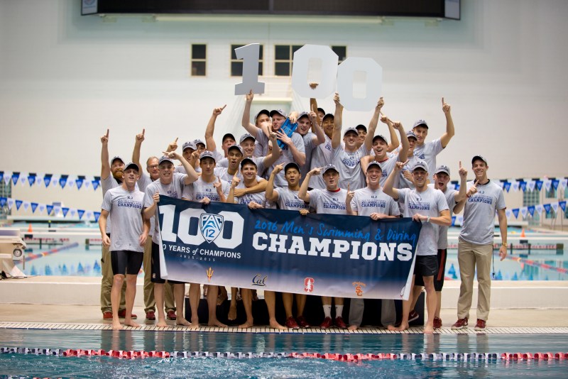 Stanford men's swimming and diving poses for a photo after winning its first conference title since 2012 and the 63rd in program history. The Cardinal have not won a national title since 1998. (CHUCK ARELEI)