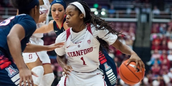 Junior guard Lili Thompson (right) leads the Cardinal in scoring with 14.4 points per game, though the team has seven players that average at least 5 points. (RAHIM ULLAH/The Stanford Daily)