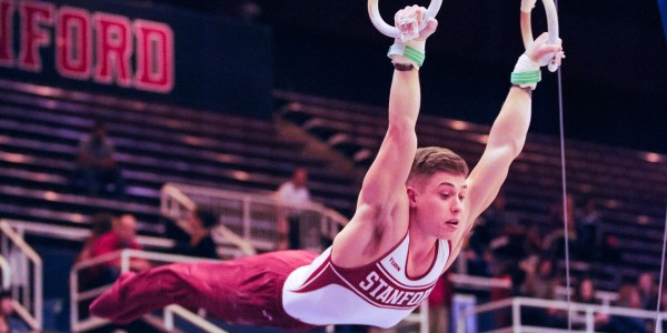 Junior Taylor Seaton (above) was a somewhat surprising star for men's gymnastics last weekend, setting a career high of 15.400 as he won the vault against tough competition. (MIKE KHEIR/The Stanford Daily)