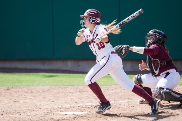 Junior Kylie Sorenson (above) got the Cardinal's only two hits at the plate in Stanford's 10-2 run-rule loss to Cal Poly to open the Louisville Slugger Classic Tournament hosted by Stanford from March 11-12. (DAVID BERNAL/isiphotos.com)