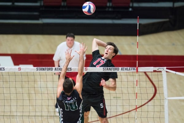 Senior outside hitter Madison Hayden (right) registered his second double-double of the season last night with 20 kills and 11 digs. The Cardinal defeated Cal State Northridge in three sets and will next face off with highly ranked Long Beach State. (RAHIM ULLAH/The Stanford Daily)