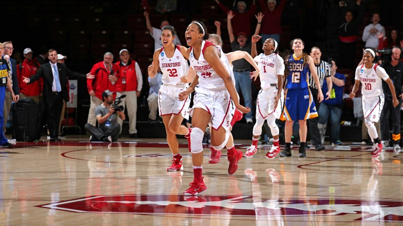 Erica McCall (above) scored 20 points, notched 12 rebounds and had the win-securing block as Stanford came back from an eight-point deficit with 4:43 to play to beat South Dakota State. The Cardinal advance to their ninth straight Sweet 16. (Courtesy of Stanford Photo)