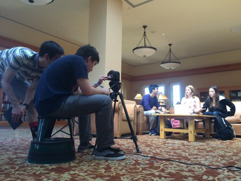 (l-r) Director-writer Spencer Slovic and cinematographer Matt Shimura set up a shot on the set of Cardinal Studios' latest short film "Cashoe". Credit: Spencer Slovic.