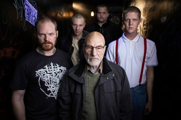 Patrick Stewart and actors in "Green Room." (Credit: Scott Patrick Green, A24 Pictures.)