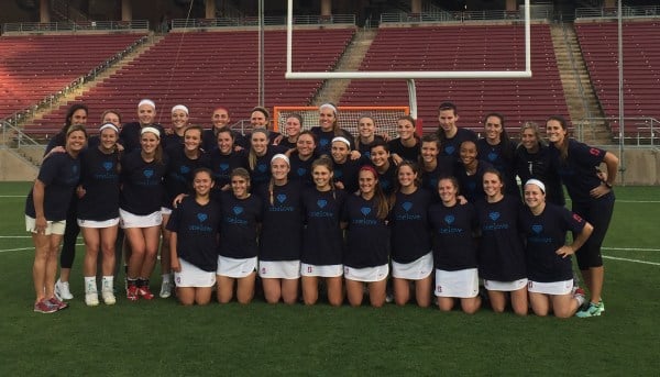 The Stanford women's lacrosse team held a game in support of One Love on Monday. The foundation seeks to raise awareness on relationship violence, which one in three women and one in four men will experience in their lifetimes. (CHRISTINE JACOBSEN/Stanford Athletics)
