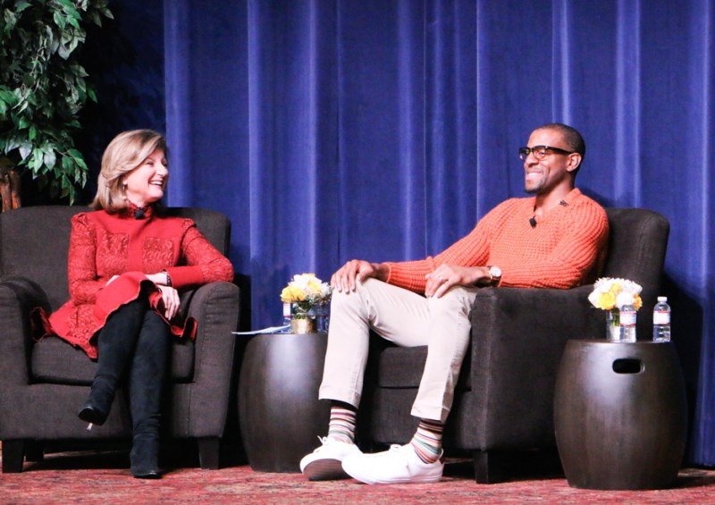 Arianna Huffington and and Andre Iguodala discussed the importance of healthy sleep at a talk Monday evening. (KEVIN HSU/The Stanford Daily)