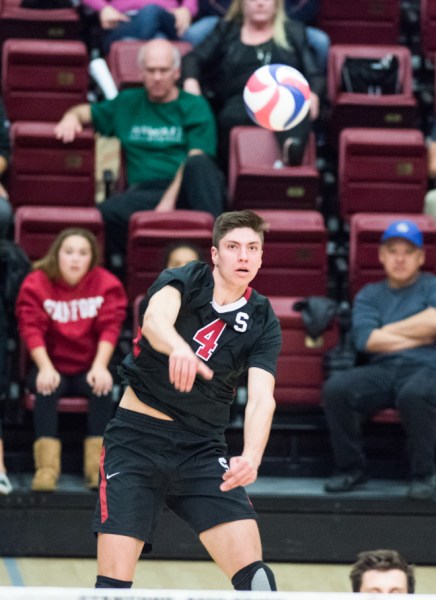Senior middle Conrad Kaminski (above) hit .800 in the first set and led the team with 4 kills en route to a 12-kill performance on his Senior Night, in which Stanford pushed past No. 5 LBSU in four sets. (RAHIM ULLAH/The Stanford Daily)