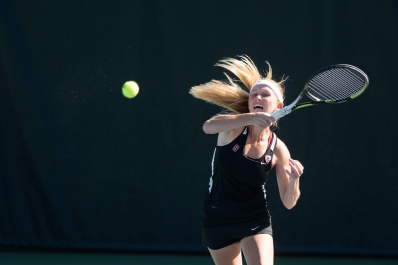 Senior Krista Hardebeck (above) won her twelfth straight match in a tight three-set victory over Cal's Denise Starr. The point was not enough for a Cardinal win, as they fell 4-3 to the No. 1 Golden Bears. (RAHIM ULLAH/The Stanford Daily)