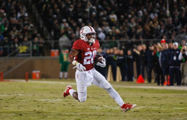 Rising sophomore running back Bryce Love (above) recorded 476 yards from scrimmage in his freshman campaign. This season, the Love-McCaffrey duo looks to dominate opposing defenses. (SAM GIRVIN/The Stanford Daily)
