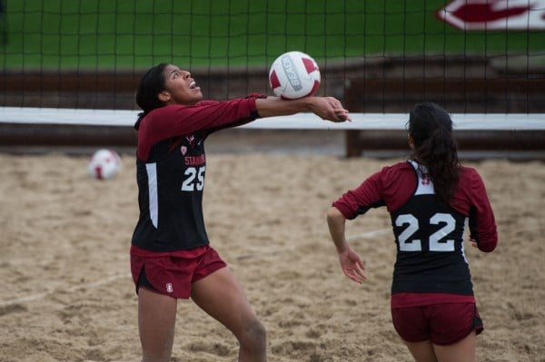 Courtney Bowen (left) and partner Jennifer DiSanto have amassed a 5-4 record this season, including a win most recently against Cal.
(Photo courtesy of Stanford Photo)