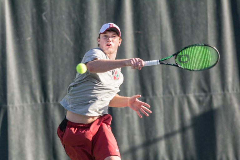 Tom Fawcett. Stanford Men's Tennis v. CAL 02/20/16. Photo by Rahim Ullah