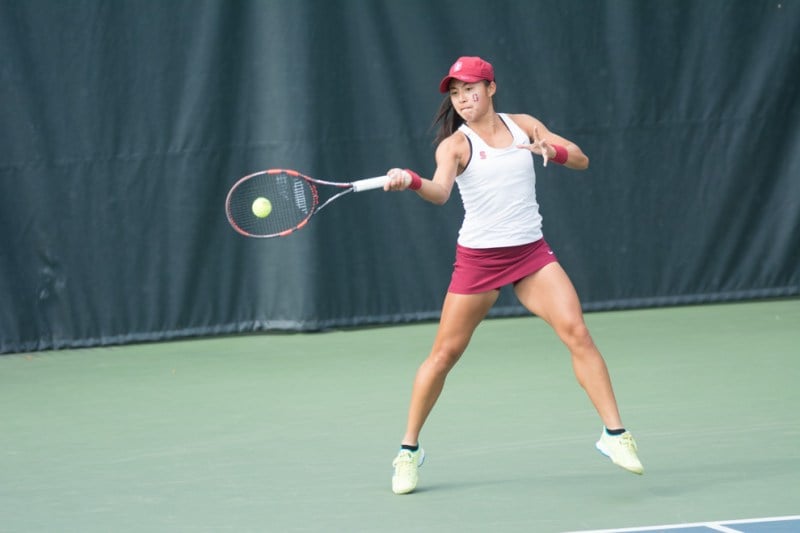 Carol Zhao. Stanford Women's Tennis v. Florida. Photo by Allison Harman