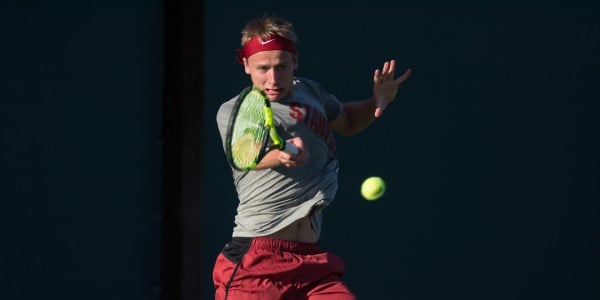 Maciek Romanowicz. Stanford Men's Tennis v. CAL 02/20/16. Photo by Rahim Ullah. Printed 03/08/16.