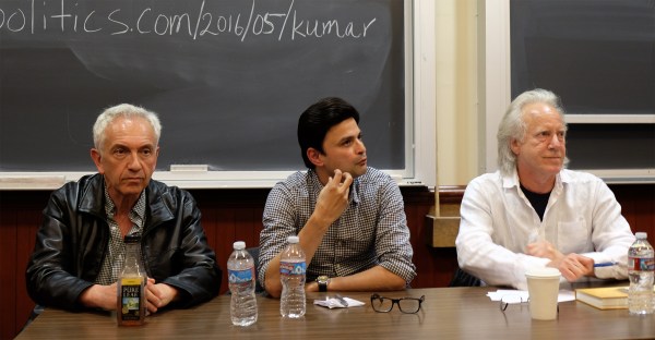 From left to right, Russell Berman, Aishwary Kumar and Robert Harrison  participated in a two-hour public panel discussion about intellectual history on Tuesday evening (Courtesy of Soo Ji Lee).