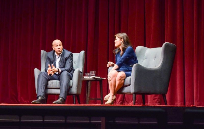 Senator Cory Booker '91 discussed his career and time at Stanford with Nightline anchor Juju Chang at an OpenXChange event earlier this year (ERICA EVANS/The Stanford Daily).