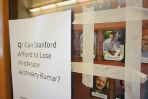Students protesting the denial of tenure to assistant professor of history Aishwary Kumar decorated the History Corner in support of Kumar (MCKENZIE LYNCH/The Stanford Daily).