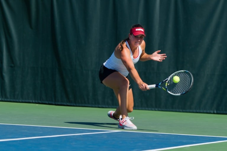 Junior Taylor Davidson (above) played a key role in Stanford's upset of the second-seeded Gators, coming through with a three-set victory on Court 2 to pull the Cardinal ahead, 4-3. (KAREN AMBROSE HICKEY/stanfordphoto.com)