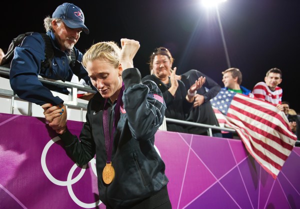 Kerri Walsh Jennings '00 (above) reacts after receiving her third consecutive gold medal at the London Olympics. (David Eulitt/MCT)