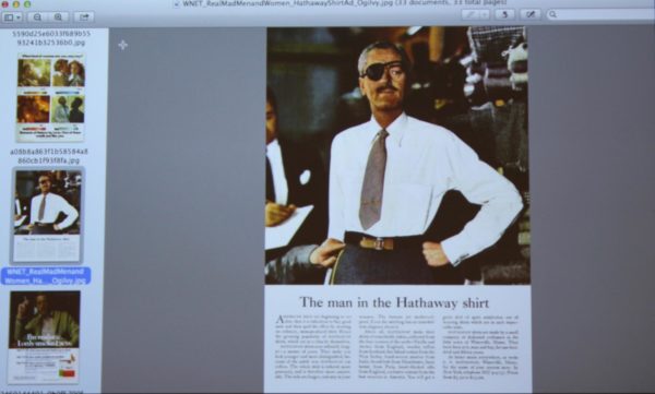 One class session on its own covers a single topic, such as advertising. For example, advertising in the 20th century was introduced through images like the pasta ad and “The man in the Hathaway shirt.” (ZAZU LIPPERT/The Stanford Daily) 