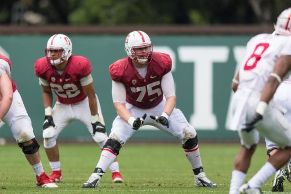 Junior tackle A.T. Hall (above) is in the competition for the final starting spot on Stanford's offensive line. He would start at right tackle. (JIM SHORIN/stanfordphoto.com)