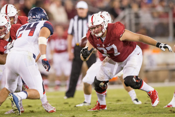 Junior Casey Tucker (right) will flip from right tackle to left tackle as one of two returning starters on the Cardinal's offensive line. (BOB DREBIN/stanfordphoto.com)