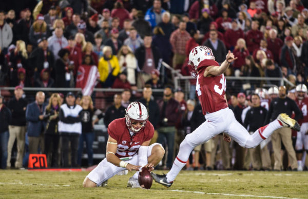 Placekicker Conrad Ukropina (right) earned his place atop the depth chart with a stellar 2015 campaign. The fifth-year senior's strong performance was highlighted by a game-winning 45-yard field goal against Notre Dame. (SAM GIRVIN/The Stanford Daily)