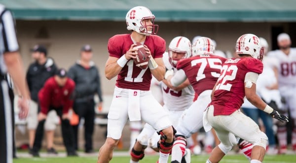 Senior Ryan Burns (center) will start at quarterback for Stanford's season opener against Kansas State. The announcement was made by head coach David Shaw after practice on Wednesday. (DAVID HICKEY/stanfordphoto.com)