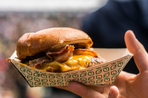 A classic Bacon Bacon burger. (SAM GIRVIN/The Stanford Daily)