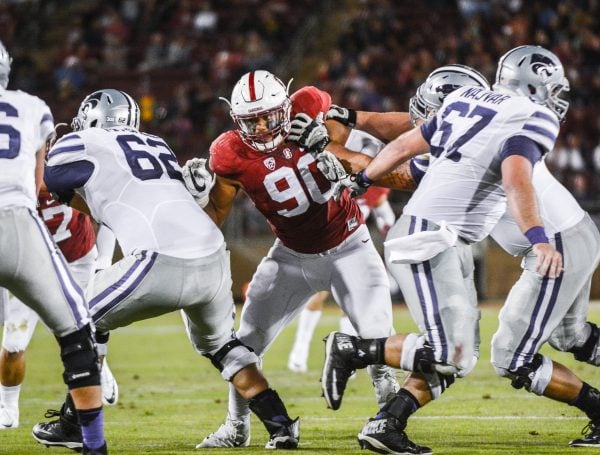 The performance of junior defensive end Solomon Thomas was among the highlights of an all-around impressive effort for Stanford's defense on Friday. The Cardinal managed 8 sacks, their most in a single game since 2012. (SAM GIRVIN/The Stanford Daily)