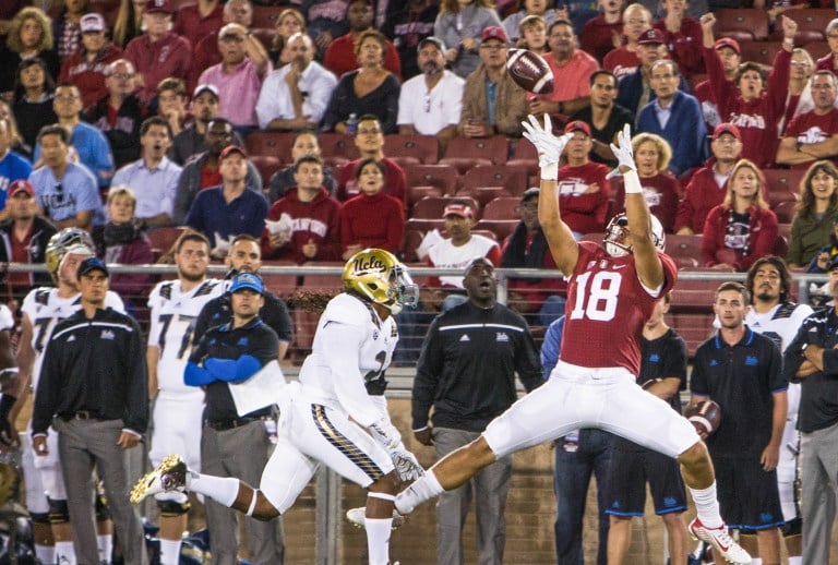 Austin Hooper caught a touchdown pass from Matt Ryan in the second quarter to extend Atlanta's lead to 14-0, but Cameron Fleming and the New England Patriots mounted a huge comeback in the fourth quarter to prevail in a Stanford-studded Super Bowl LI. (ROGER CHEN/The Stanford Daily)