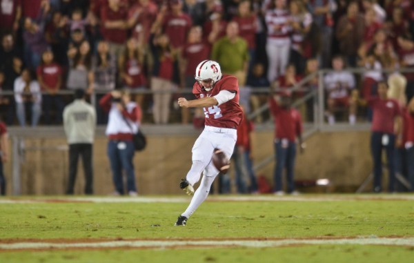 Sophomore punter Jake Bailey displayed a consistent performance in Friday's win over Kansas State. Three of his five punts were downed within the the Kansas State 10, including a long of 57 yards. (SAM GIRVIN/The Stanford Daily)