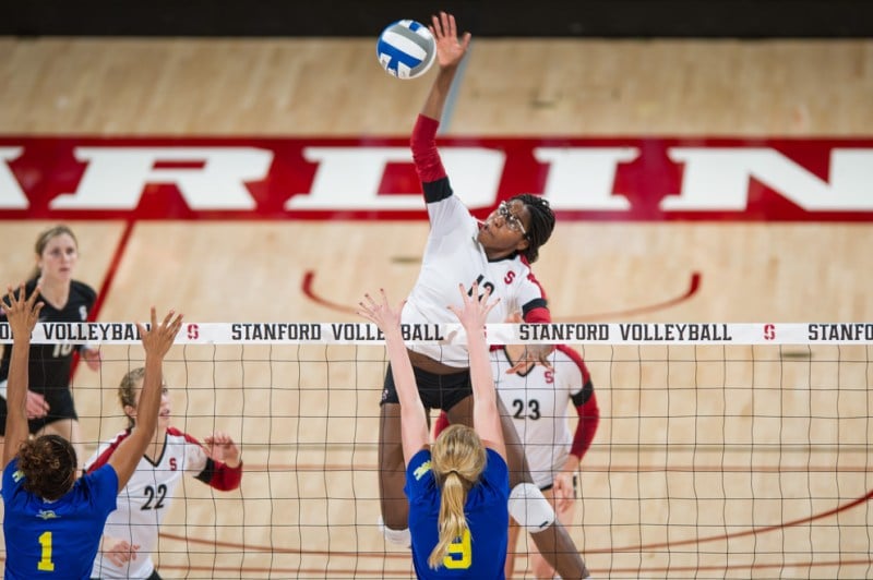 Fifth-year senior middle blocker Inky Ajanaku notched 11 kills in Stanford's sweep of Oregon State on Friday. Her return to the squad this season has provided a strong force at the net for the Cardinal. (KAREN AMBROSE HICKEY/stanfordphoto.com)