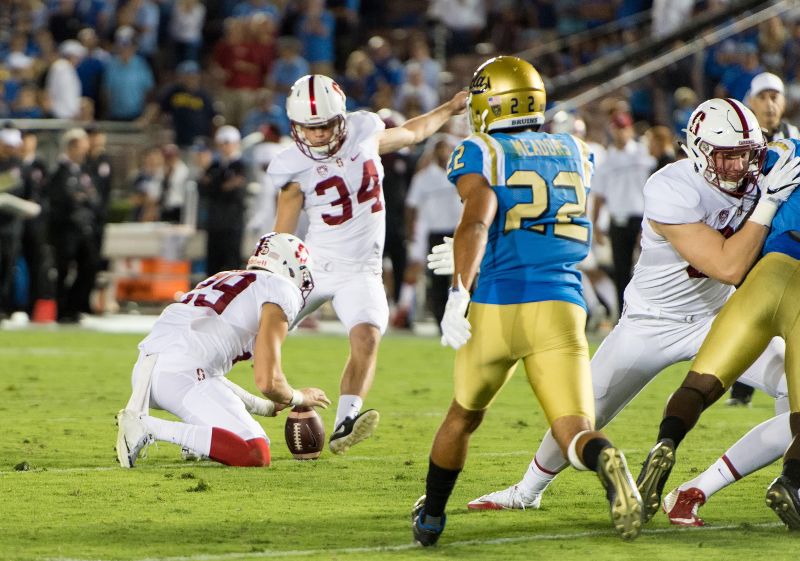 Fifth-year senior Conrad Ukropina kept the Cardinal in the game against UCLA on Saturday. The Southern California native went 3-for-3 on the night and remains perfect on the season. (DAVID BERNAL/isiphotos.com)